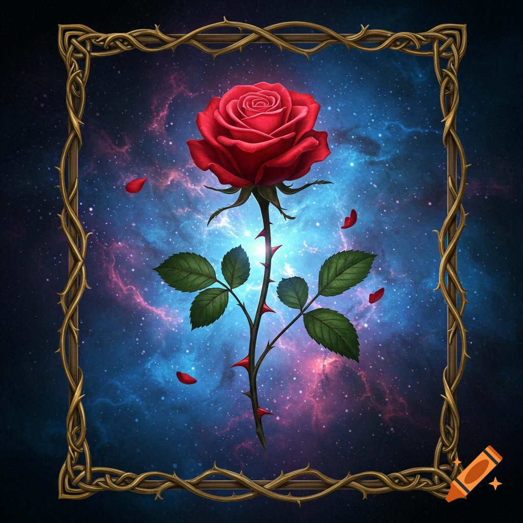 A vibrant red rose with green leaves and thorns stands against a starry blue and pink galaxy background, framed by an ornate golden frame.