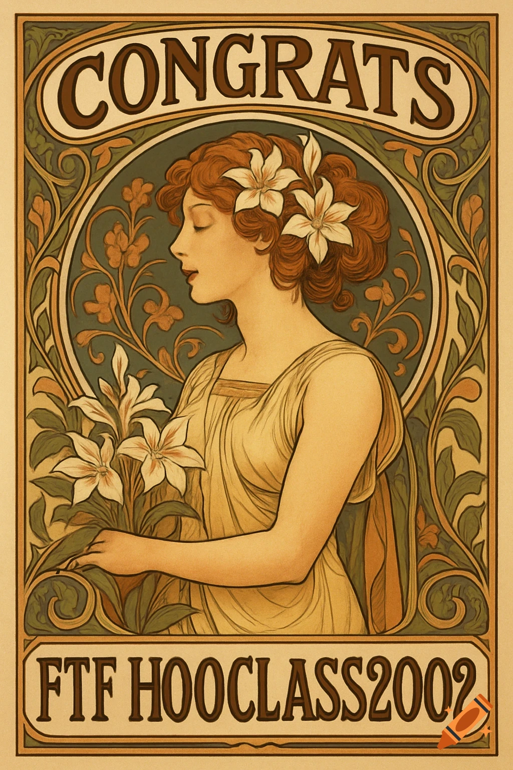 Art Nouveau style poster of a woman holding flowers with the text CONGRATS and FTF HOOCLASS2002