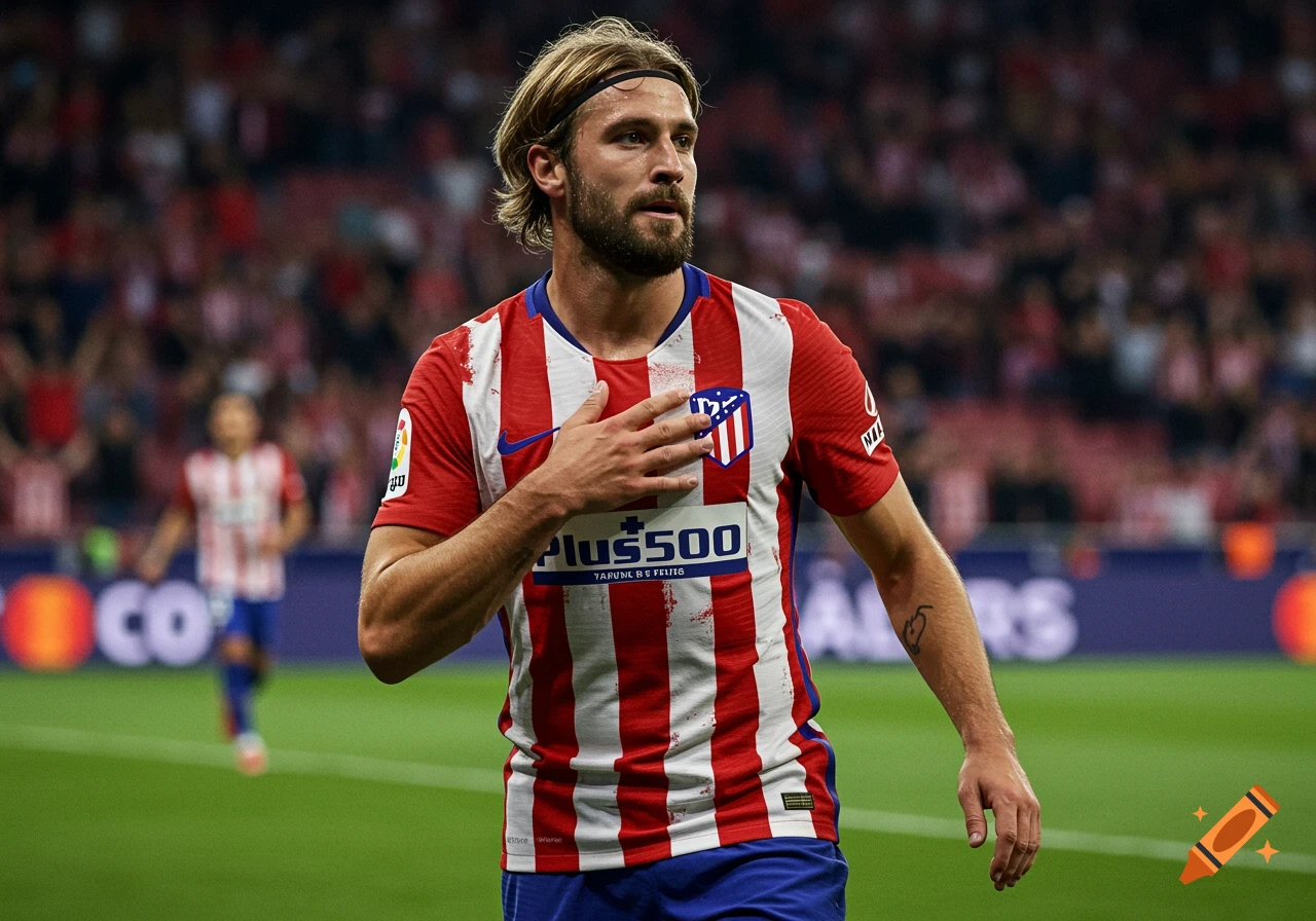 Atlético Madrid soccer player celebrating a goal on the field, wearing jersey.