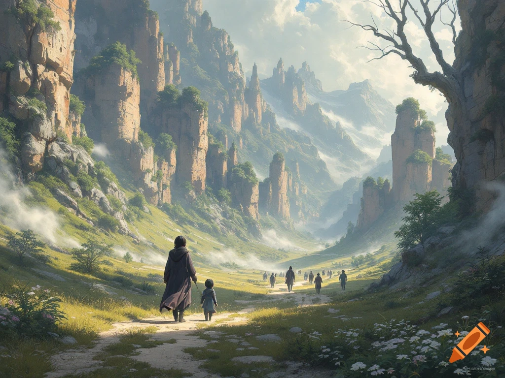 People walking on a path through a grassy valley surrounded by tall, steep cliffs.