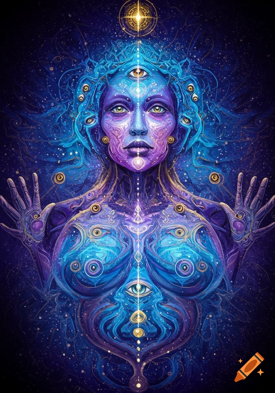 A blue and purple abstract image of a spiritual figure with many eyes, swirling patterns, and hands raised.