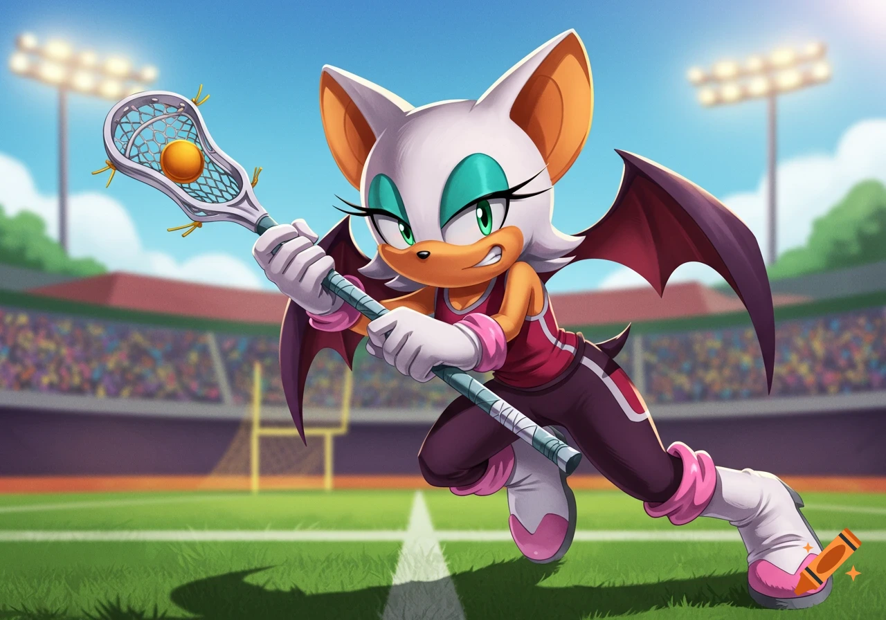 Rouge the Bat plays lacrosse in a sports stadium.