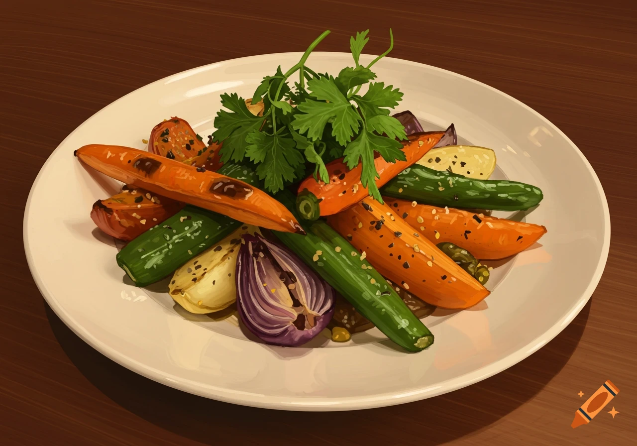 A plate of roasted vegetables.