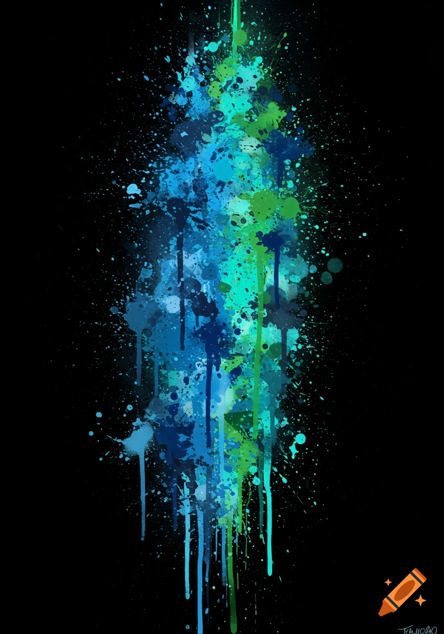 Abstract splatter painting with blue and green drips on a black background.