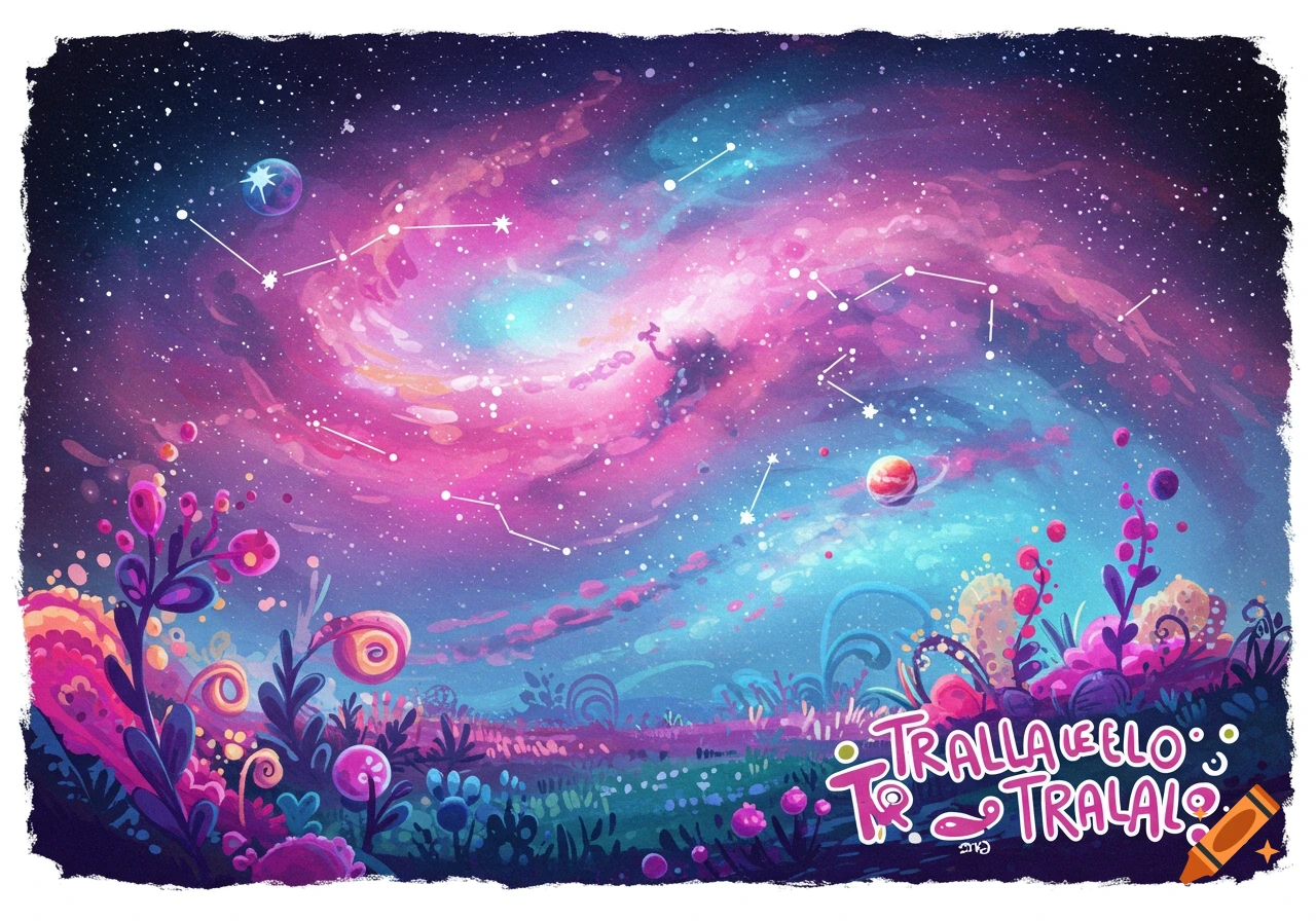 Whimsical alien landscape under a swirling pink and blue galaxy sky with constellations.