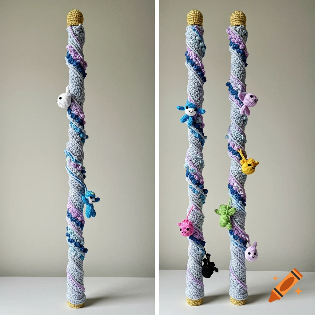 Two vertical crocheted poles decorated with colorful spiral patterns and small crocheted animal charms.