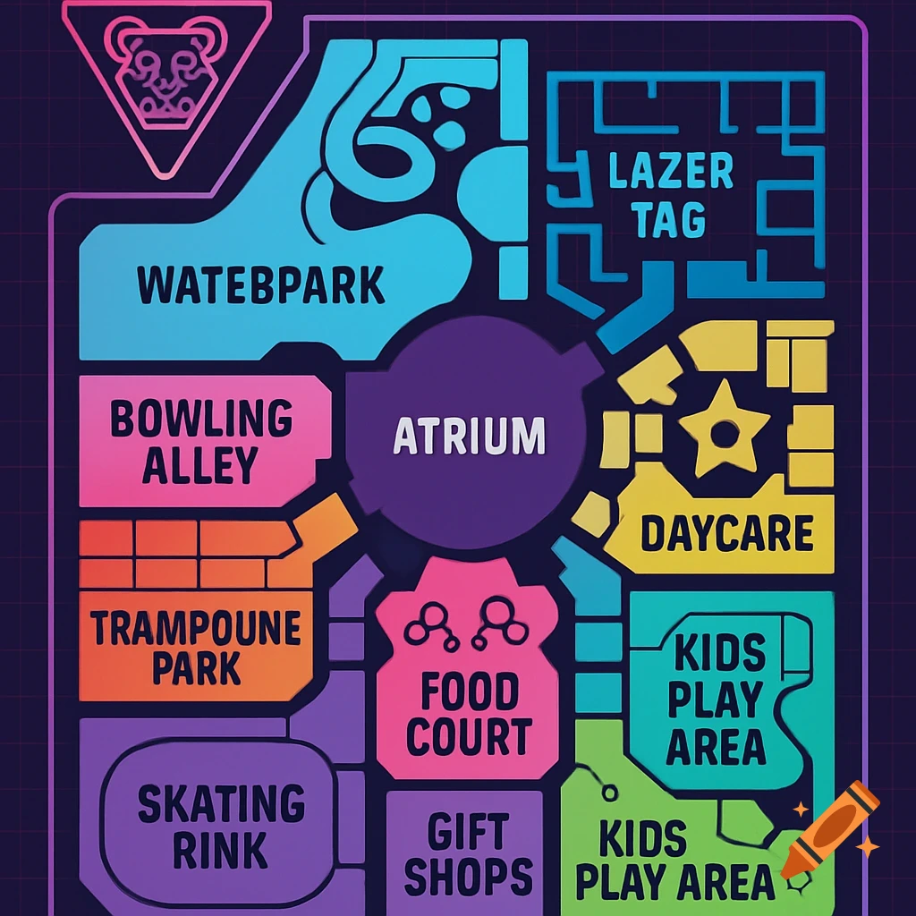 A colorful, stylized floor plan illustration of an entertainment complex with labeled areas.