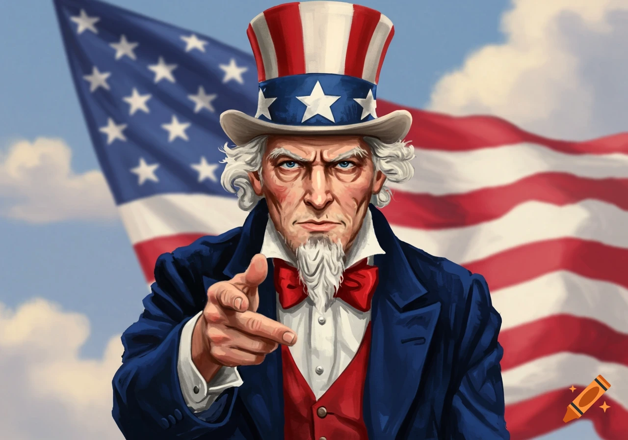 Illustration of Uncle Sam pointing, with an American flag behind him.