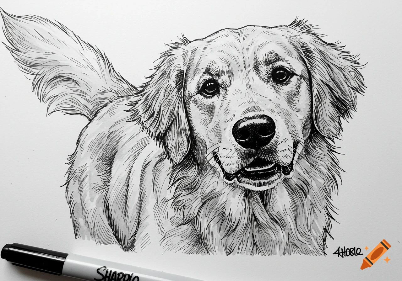 Black and white ink drawing of a golden retriever dog.