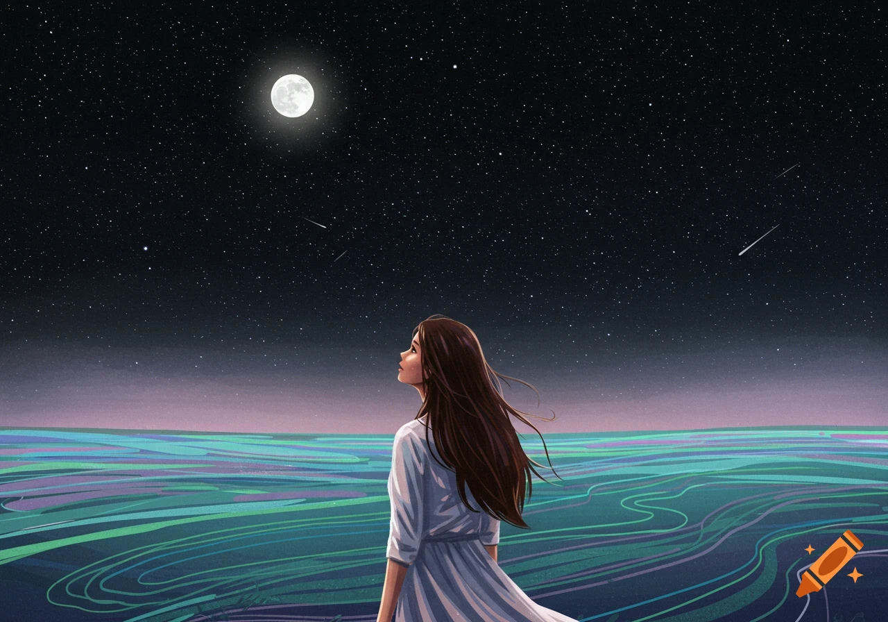 A woman looks at the moon and stars over glowing water