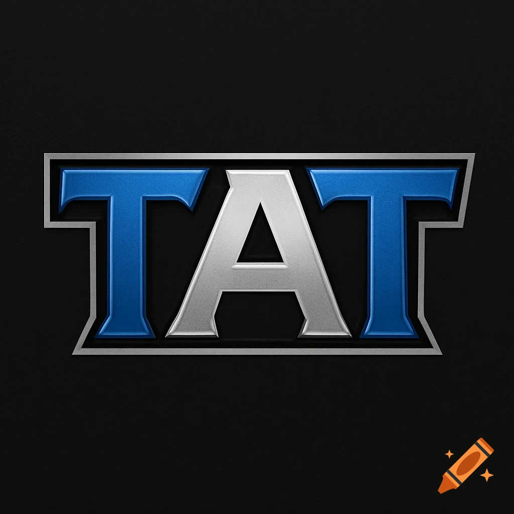 Blue and silver TAT logo on a black background
