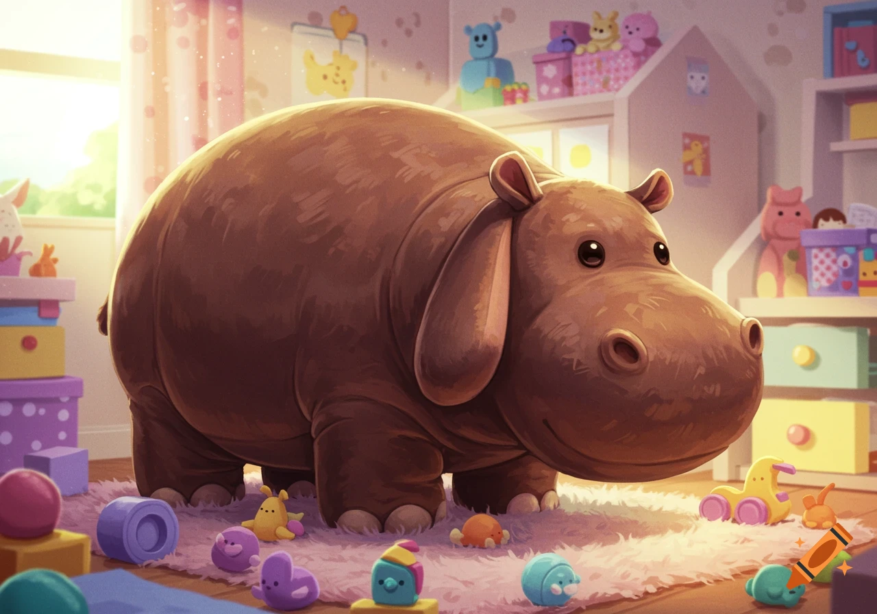 A large, round plush brown hippo sits on a pink rug in a sunlit children's room, surrounded by toys, in a whimsical scene.