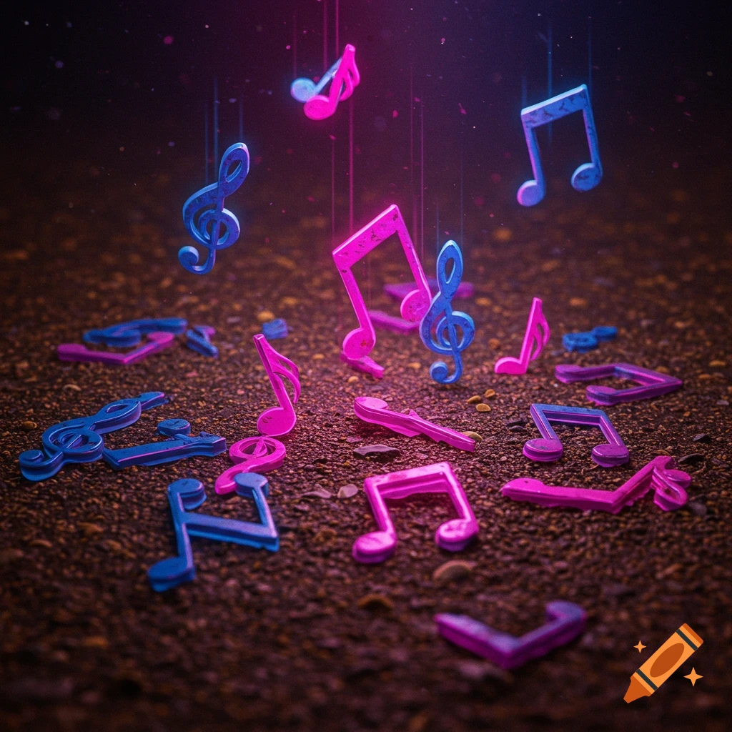 Pink and blue music notes falling onto dirt