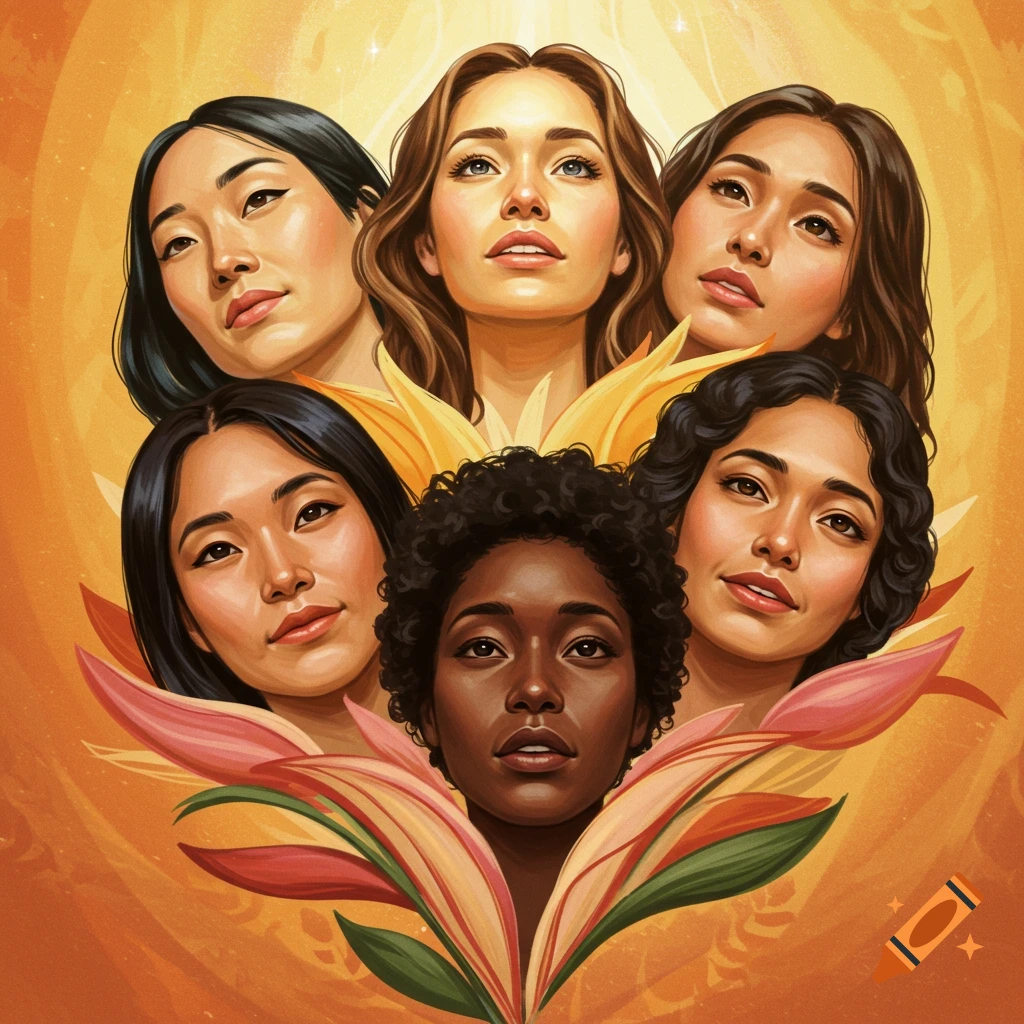 Five diverse women's faces are arranged in a floral bouquet shape.