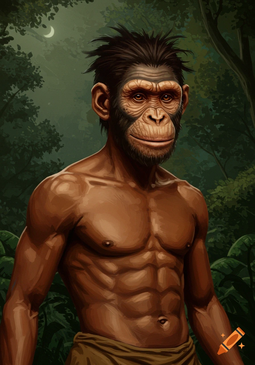 A human figure with a monkey's face stands in a jungle.