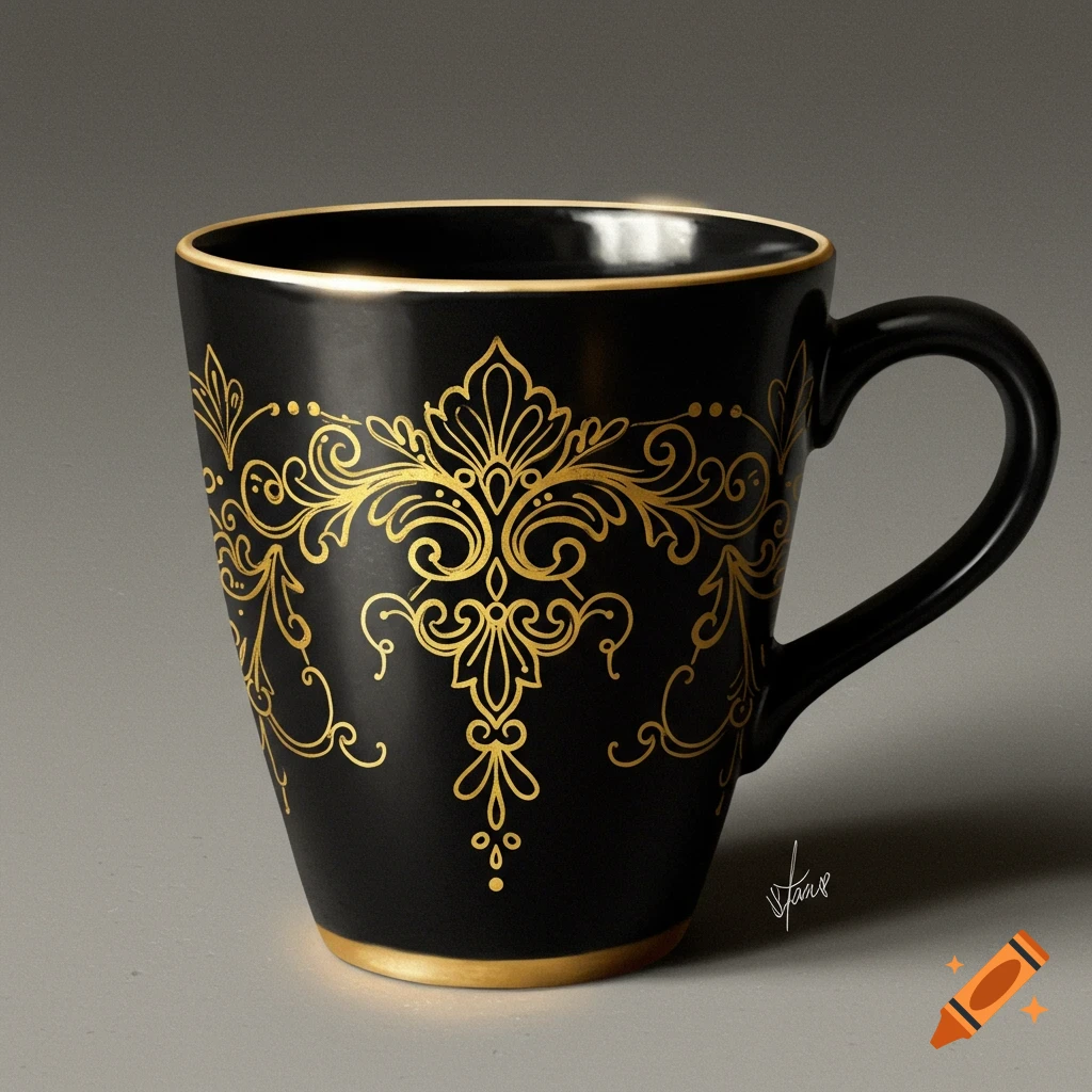 A black coffee cup is decorated with an intricate gold floral pattern.