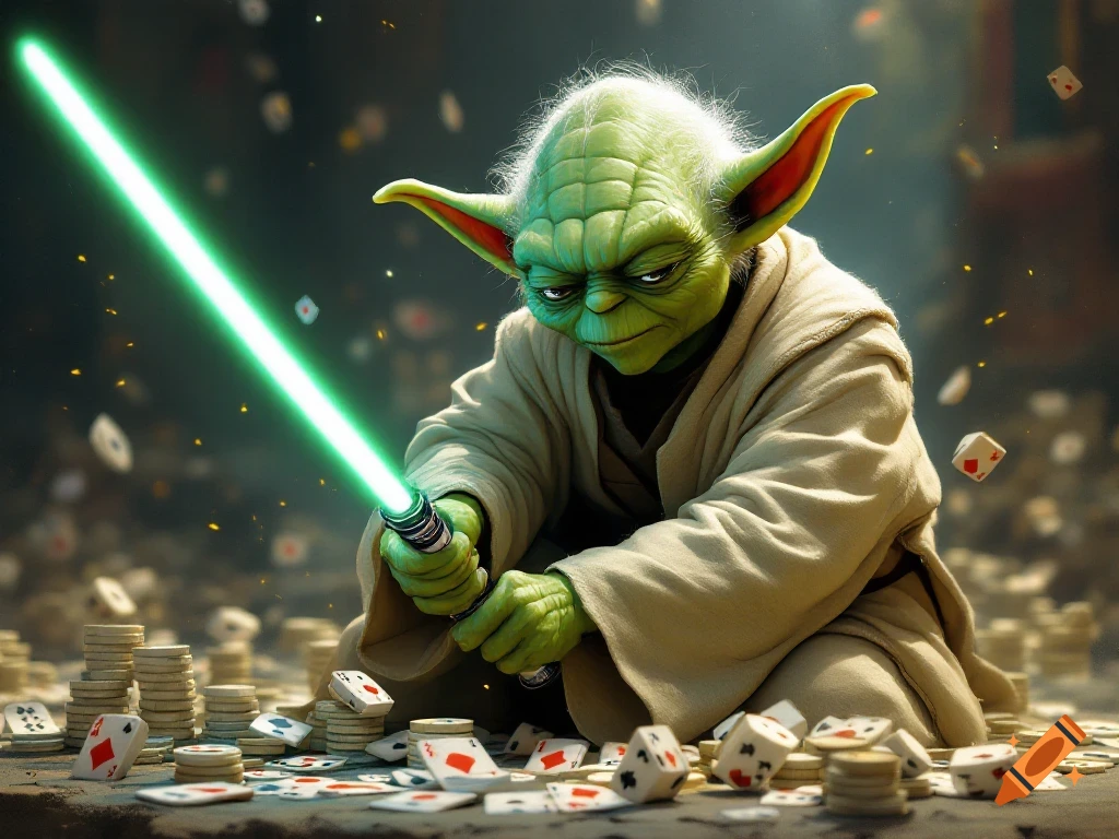 Yoda holding a lightsaber surrounded by poker chips and playing cards
