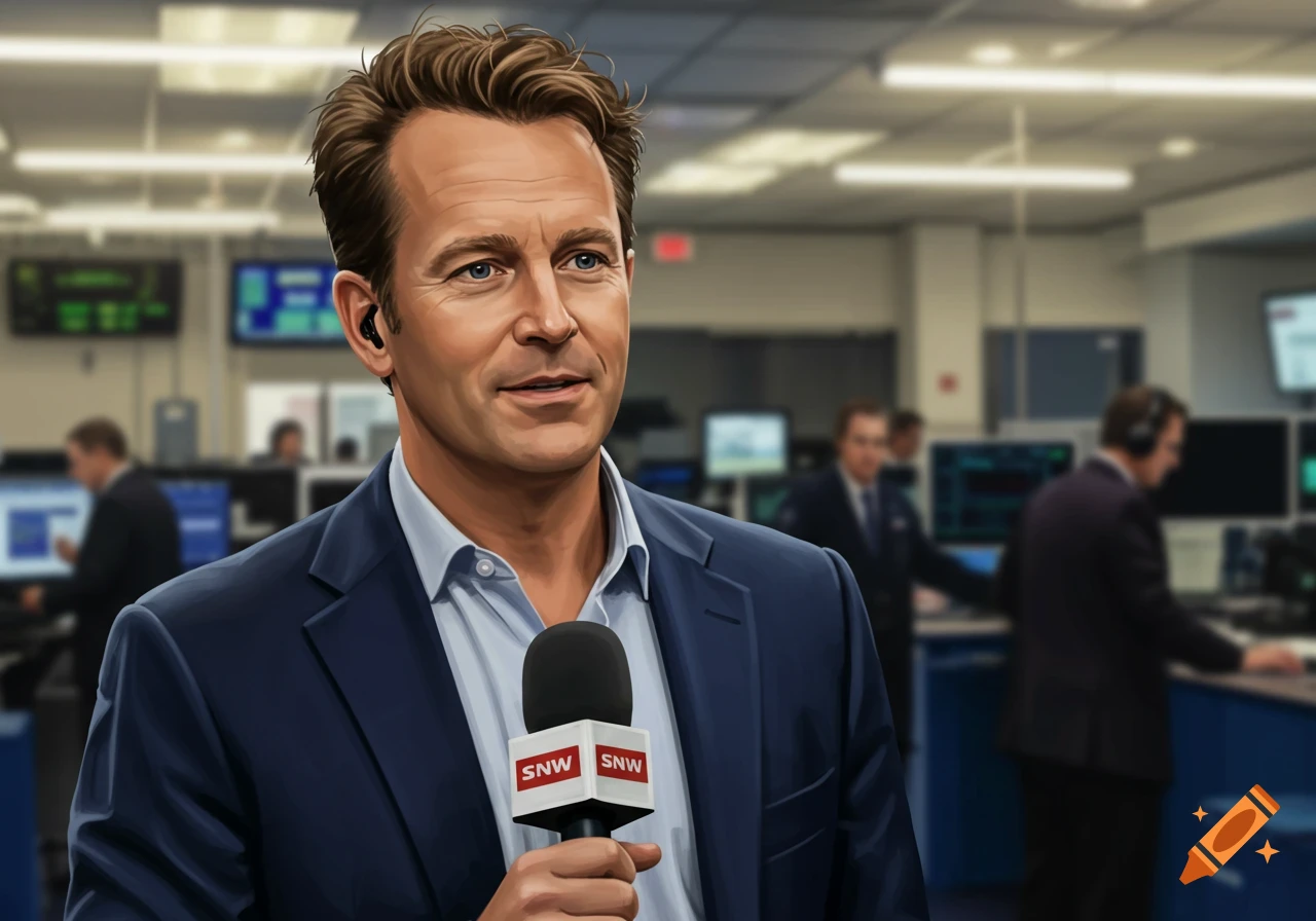 Image of a male journalist holding a microphone in a newsroom