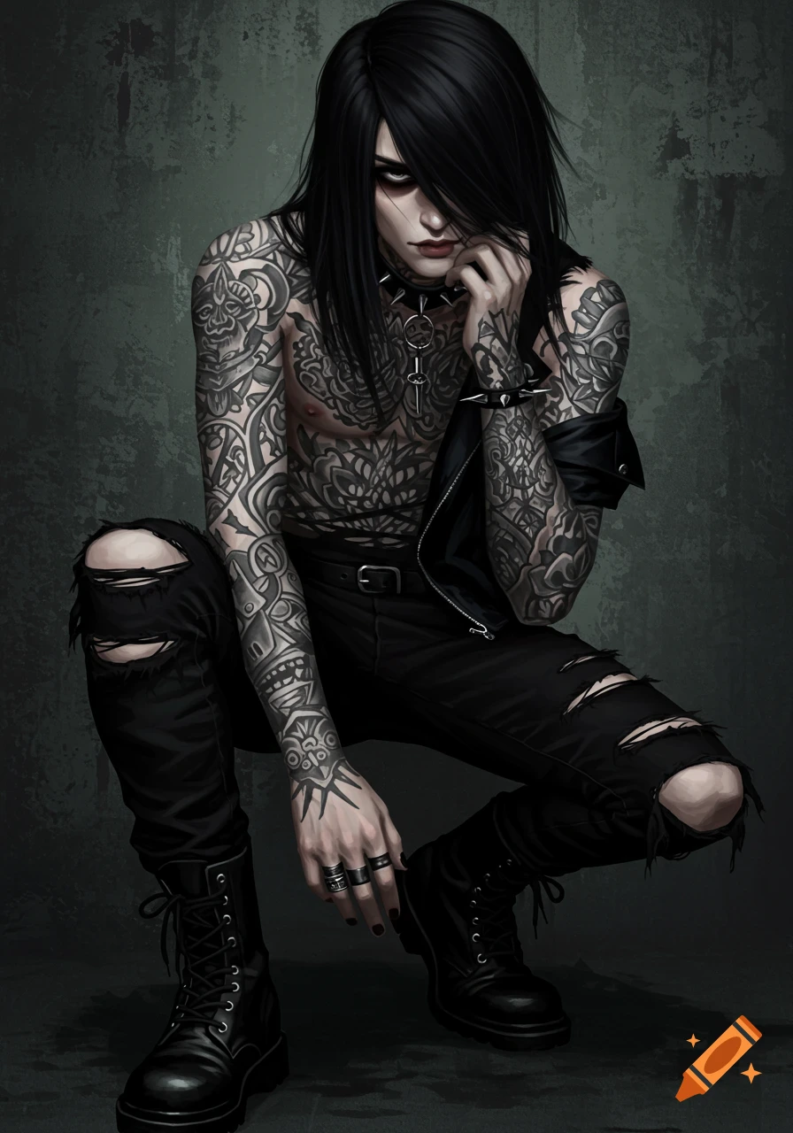 A shirtless goth person with dark hair and tattoos, wearing ripped jeans and boots, crouching.