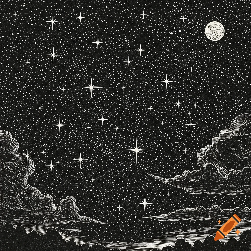 Black and white woodcut illustration of a starry night sky with clouds.