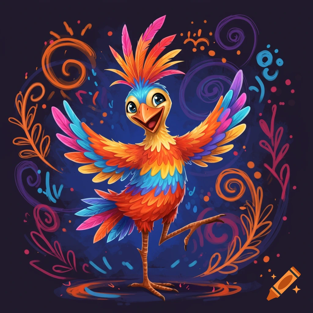 Colorful cartoon bird dancing with bright feathers in a vibrant image