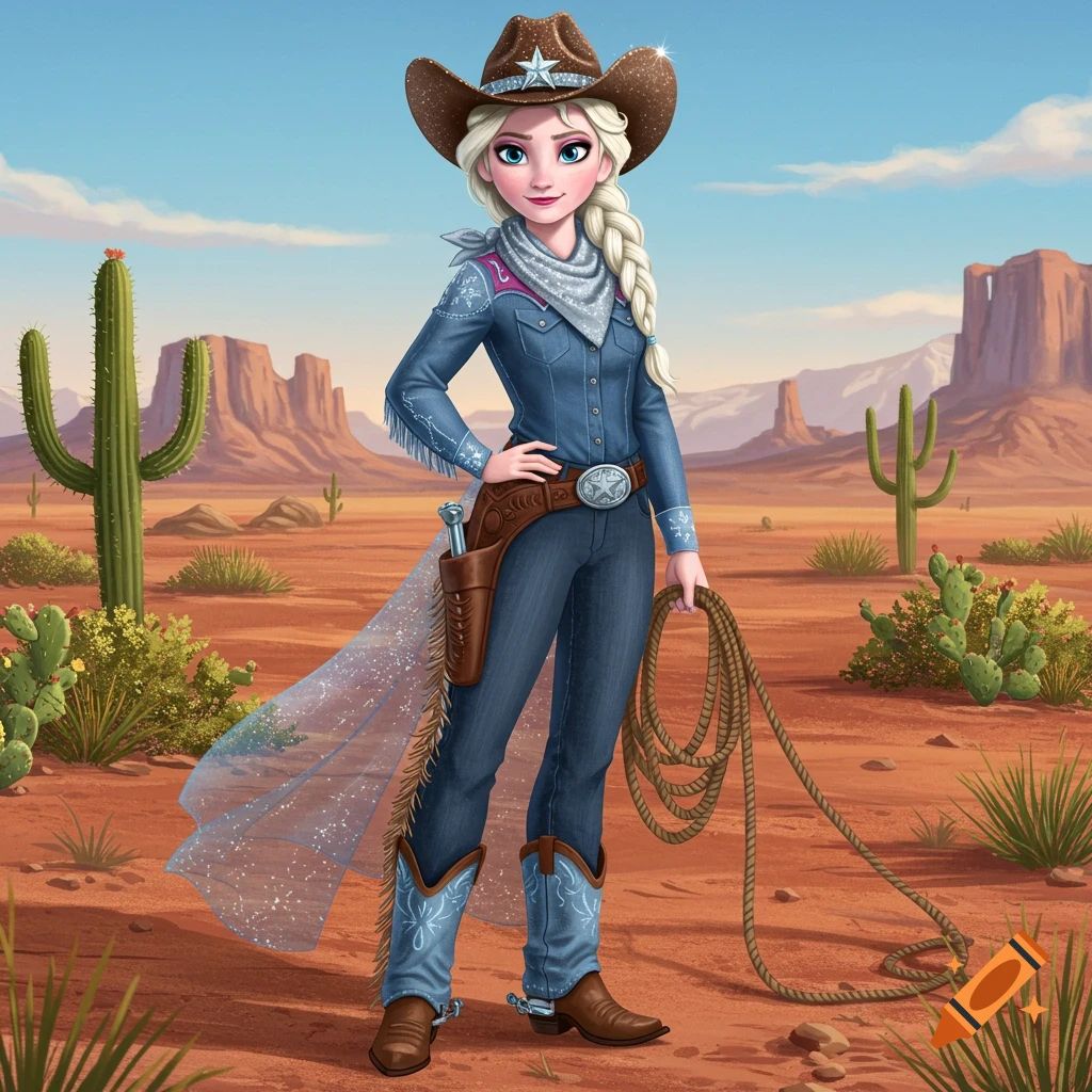 Illustration of cowboy Elsa from Frozen in a desert