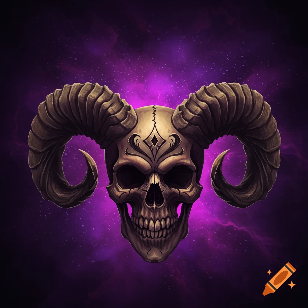 A detailed depiction of a skull with large, curved horns against a vibrant purple, starry background.