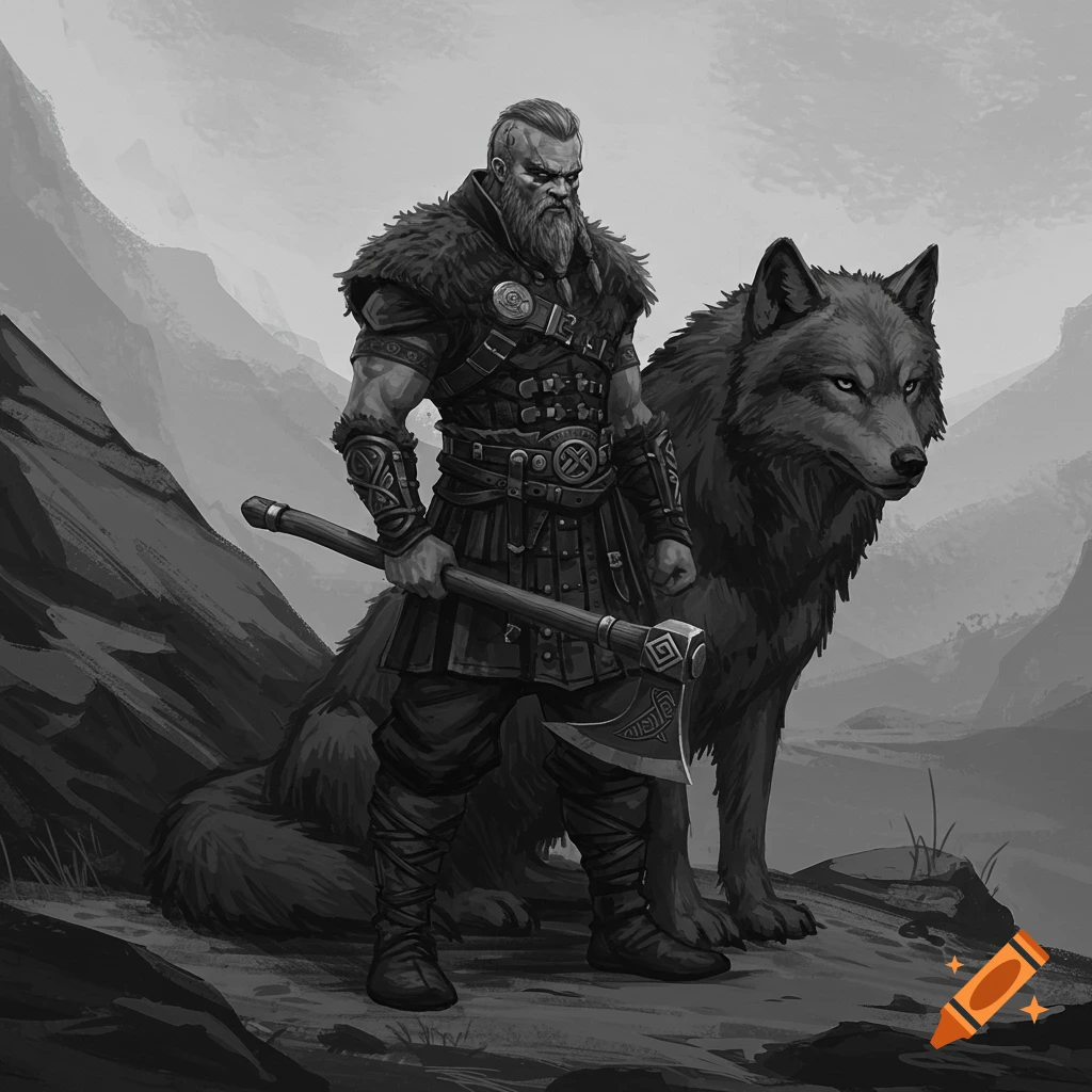 A monochrome image of a Viking warrior standing next to a wolf on a rocky hill.