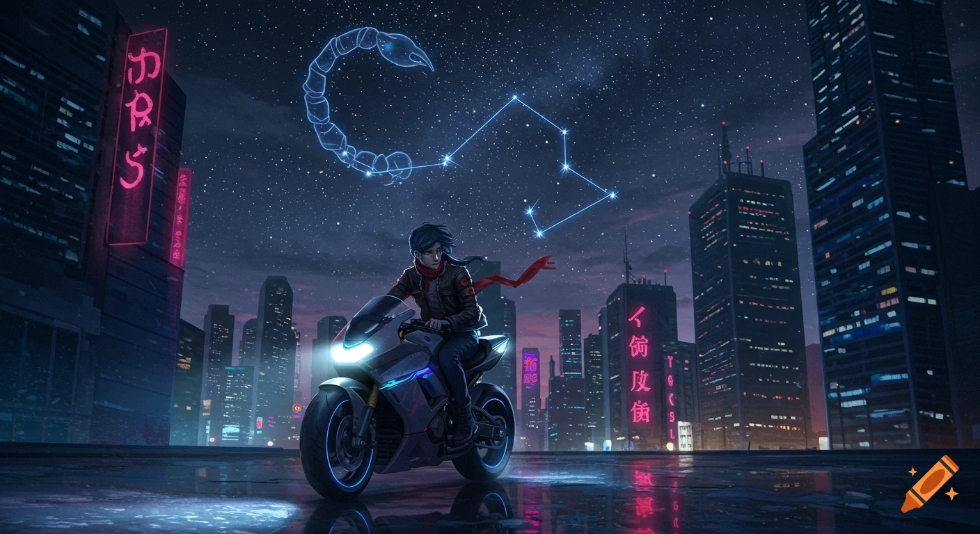 A person riding a motorcycle through a futuristic city at night under the Scorpio constellation.