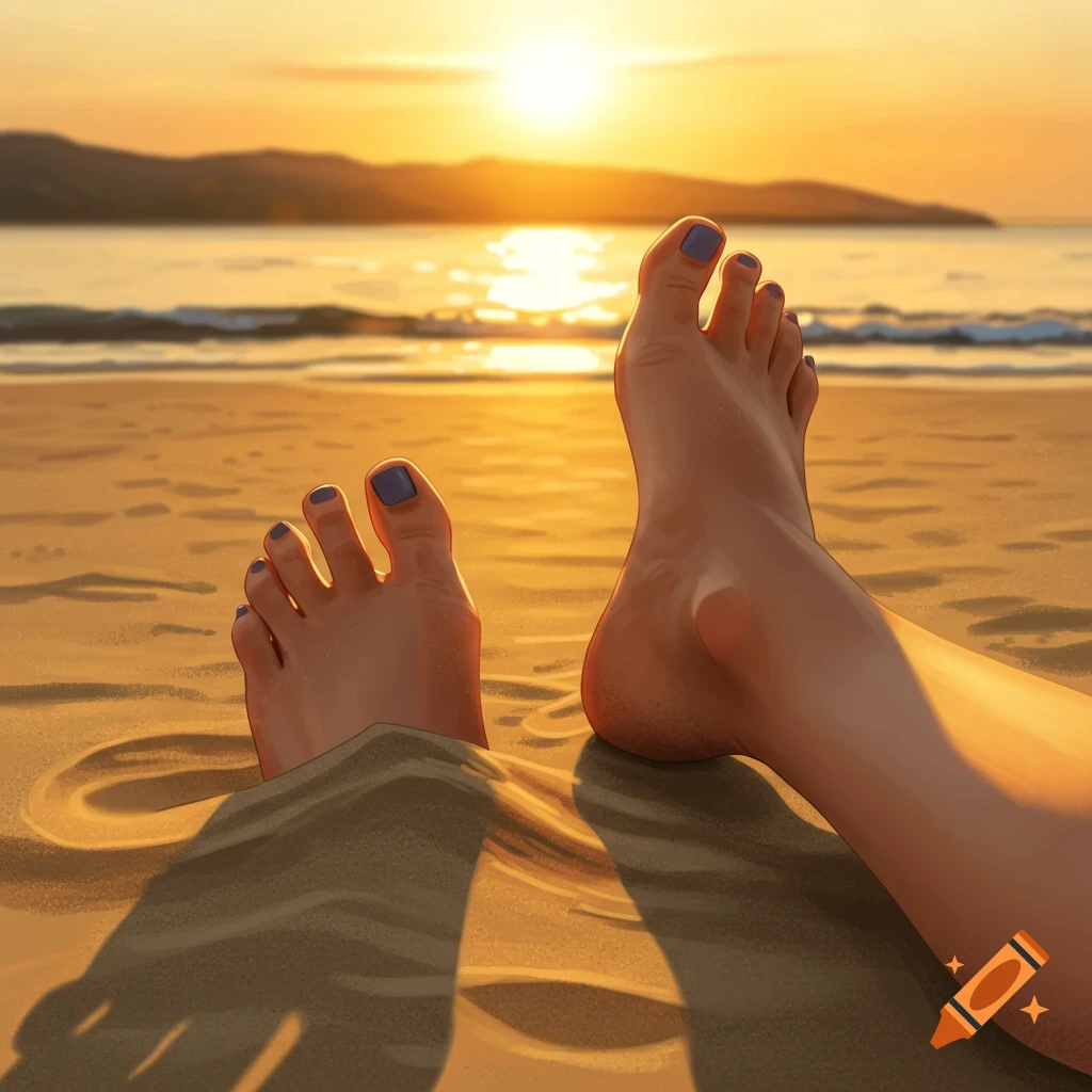 Bare feet in sand on a beach at sunset
