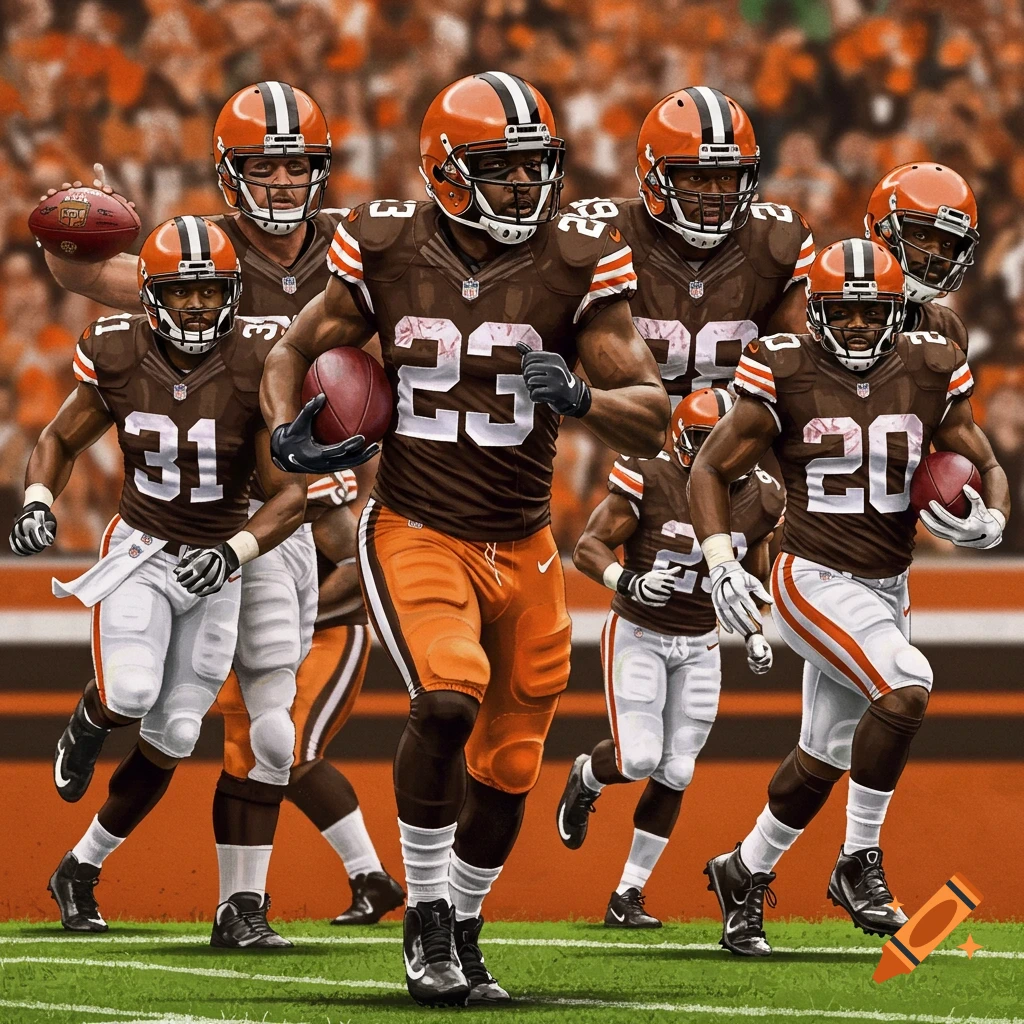 Several Cleveland Browns football players running on a field.