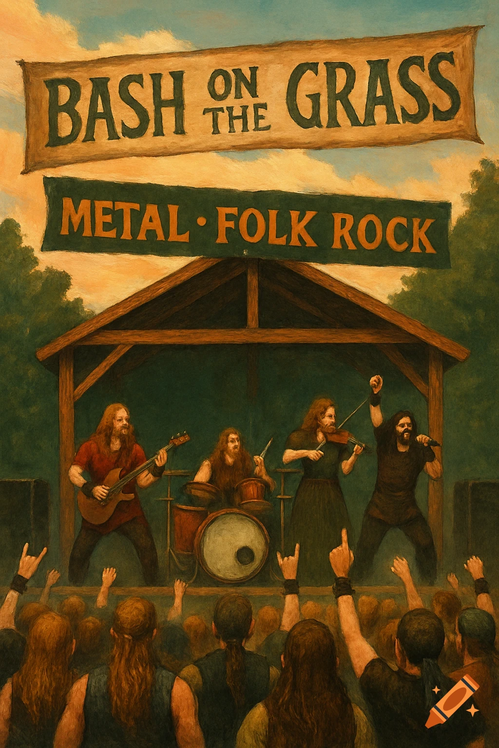A band plays on a stage at a music festival with banners reading 'Bash on the Grass' and 'Metal Folk Rock'.