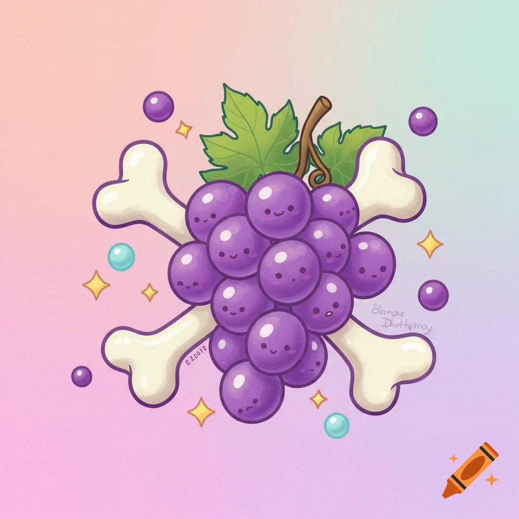 Kawaii illustration of a bunch of grapes forming a skull on crossbones