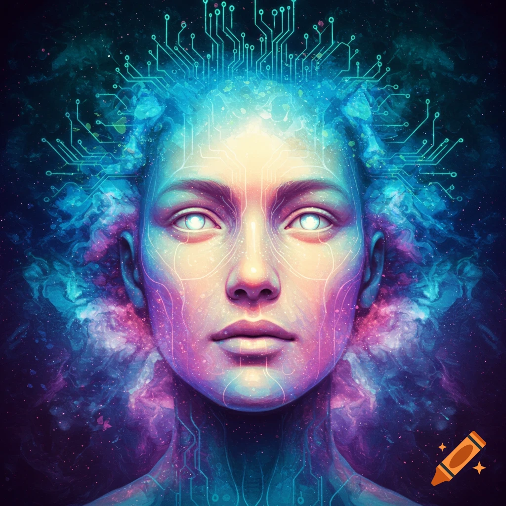A futuristic face with circuitry and cosmic background.