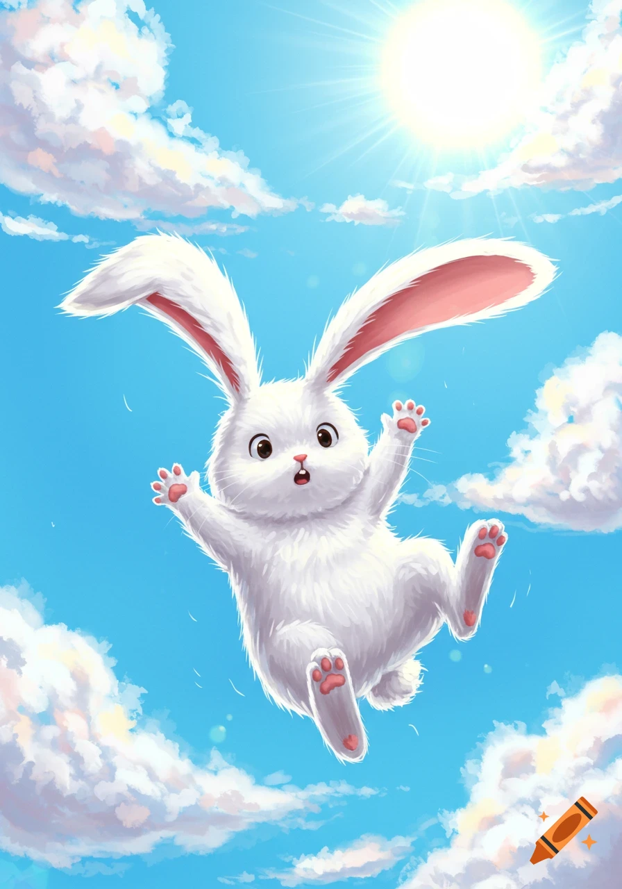 A cute white cartoon bunny rabbit falls from a bright blue sky with clouds and a sun.