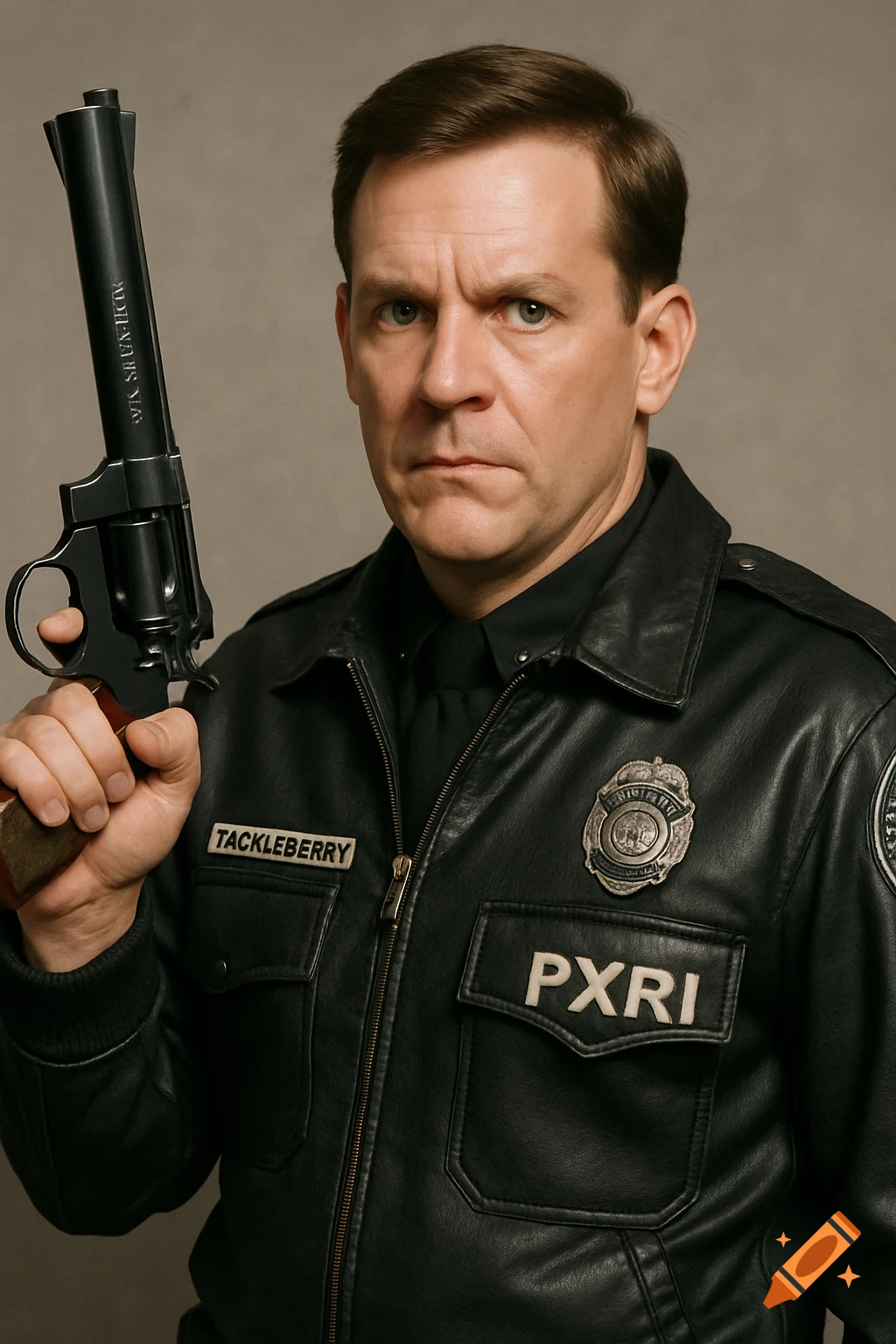 A man in a black police uniform holding a large revolver, resembling Eugene Tackleberry.