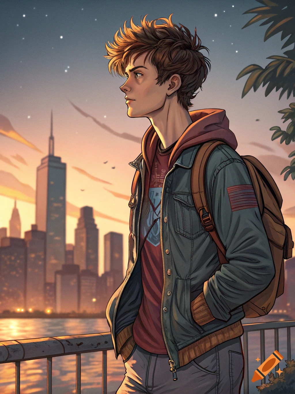 Illustrated young man looking at urban skyline at sunset, in a comic art style.