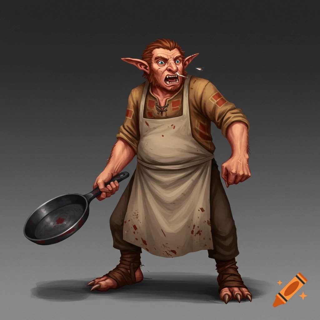 A small, angry fantasy creature in an apron holding a frying pan like a weapon.