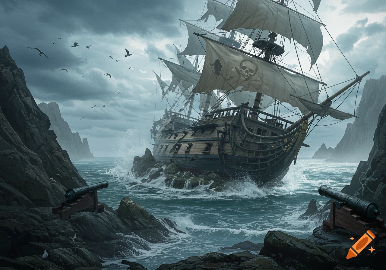 A pirate ship crashed on rocky shore with cannons and stormy sky.