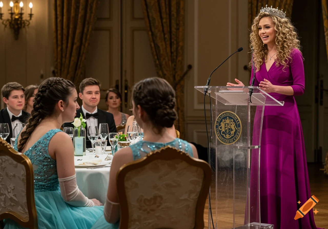 Woman in magenta dress and tiara speaks at podium to dinner guests.