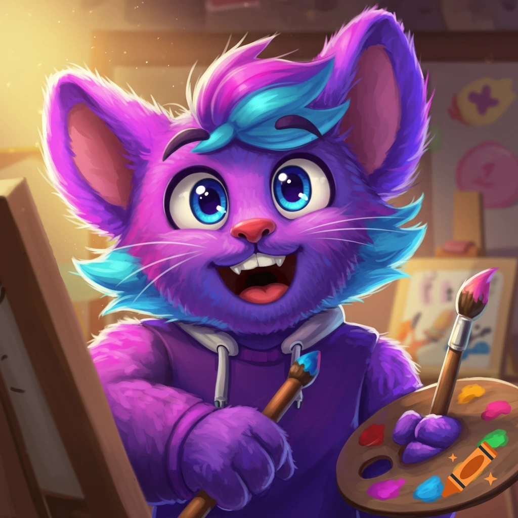 Purple furry character in a hoodie painting on an easel with a palette.