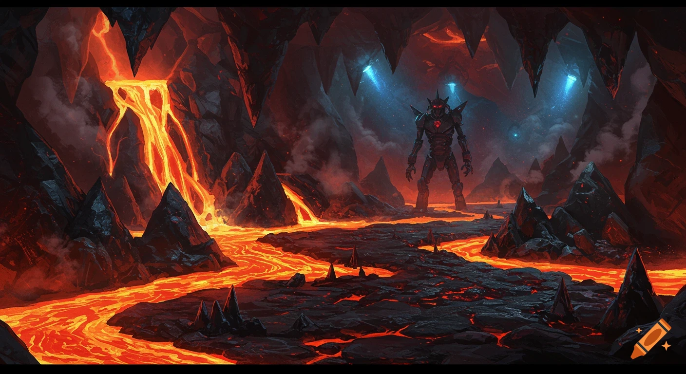 A large robot standing in a dark cave with flowing lava rivers.