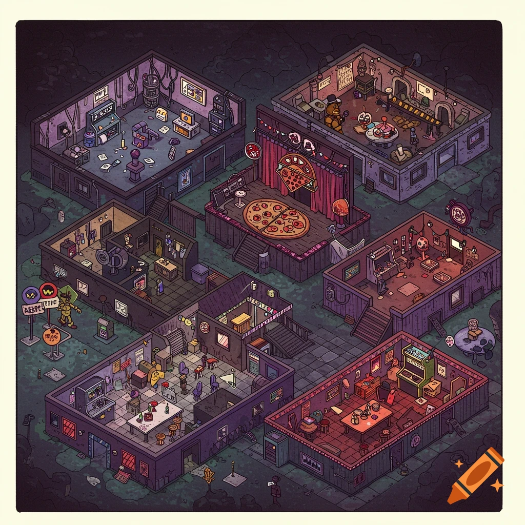 Isometric view of multiple rooms resembling a game map, with animatronic characters, arcade machines, and stages.