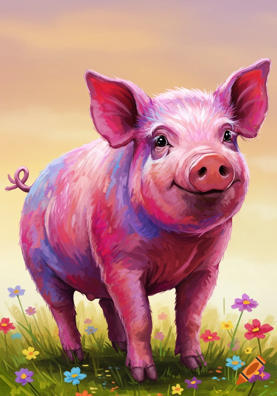 A vibrant pink and purple pig stands in a field of colorful flowers.