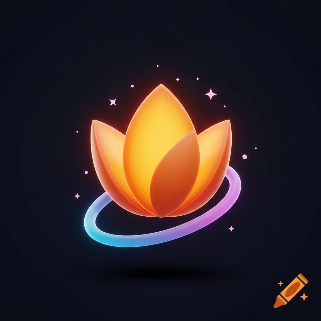 A 3D rendered glowing orange lotus logo with a blue and purple spiral on a dark background.