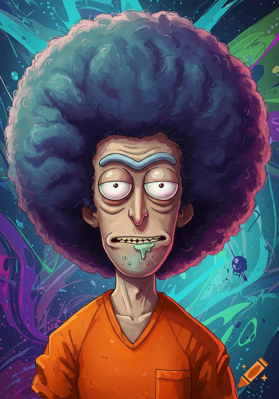 Rick Sanchez with a large afro against an abstract, colorful background.