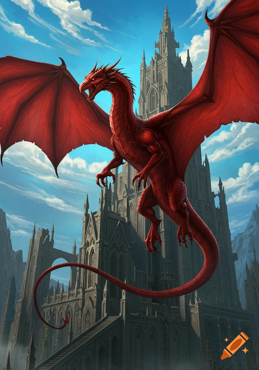 Red dragon flies in front of a gothic castle under a cloudy sky.