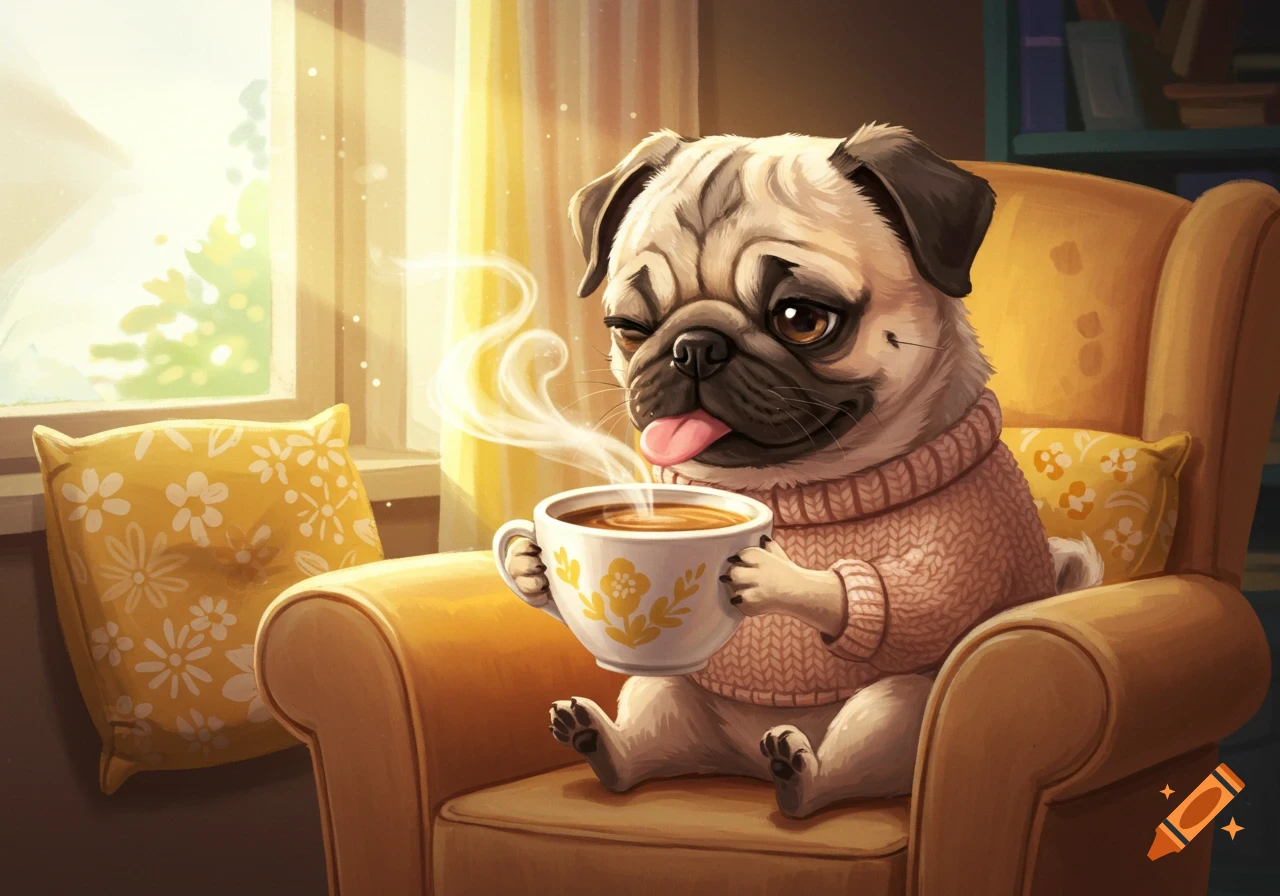 A pug dog in a sweater sits in a chair drinking coffee.