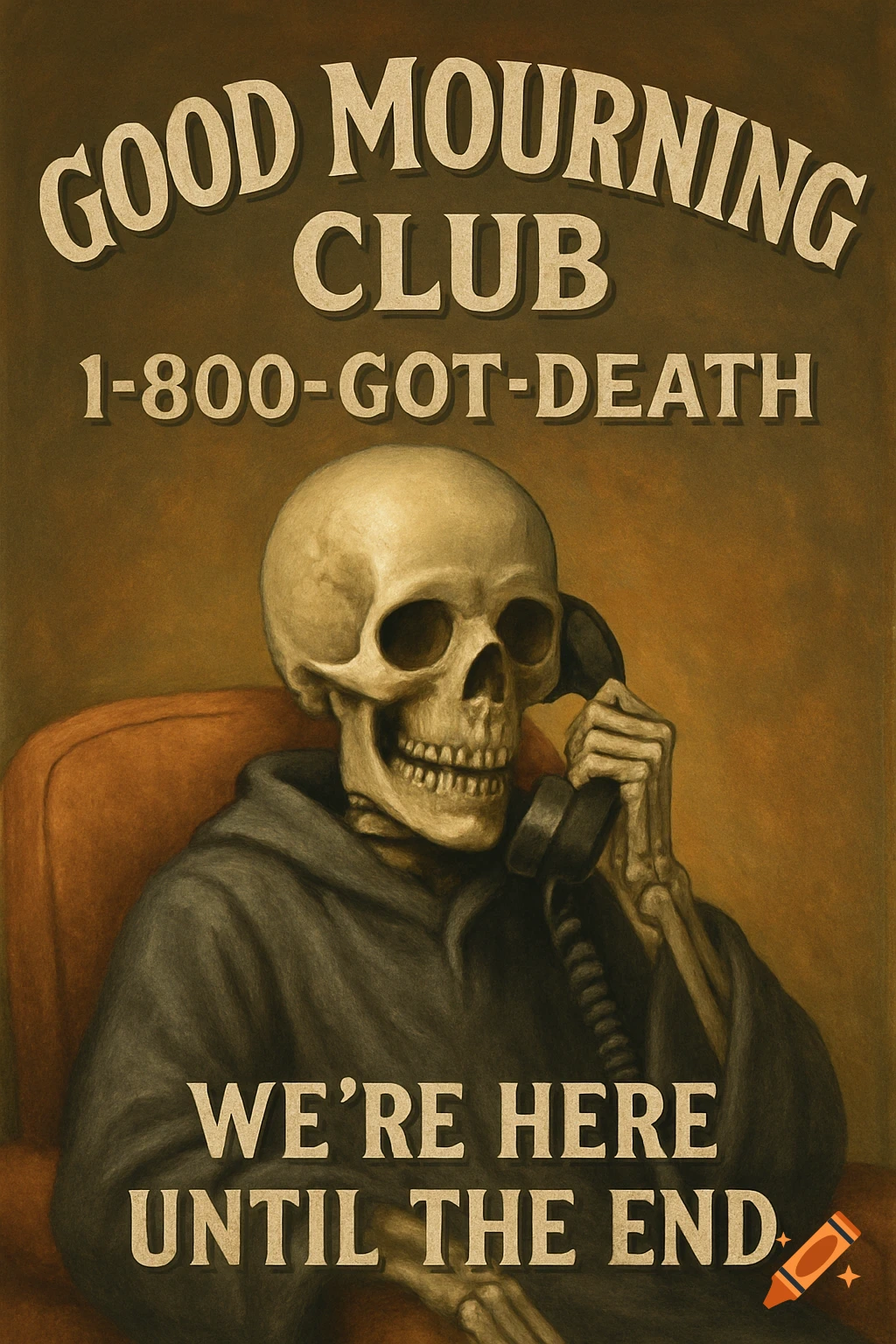 A skeleton sits in a chair using a phone, with the text 'GOOD MOURNING CLUB'.