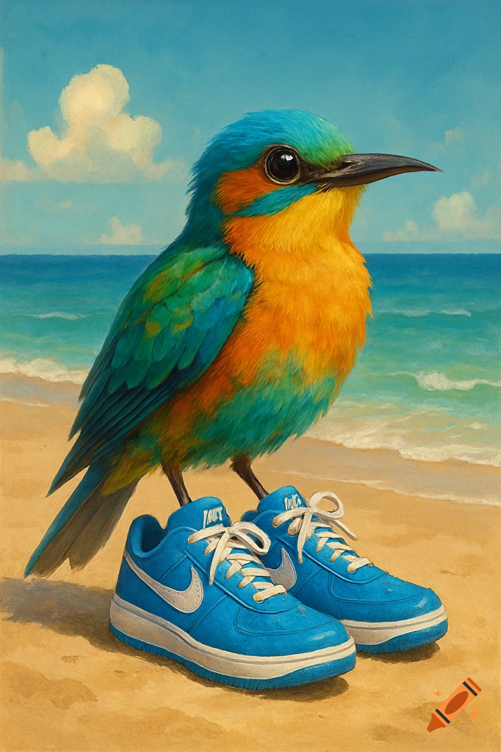 A colorful bird stands on a beach wearing blue sneakers.